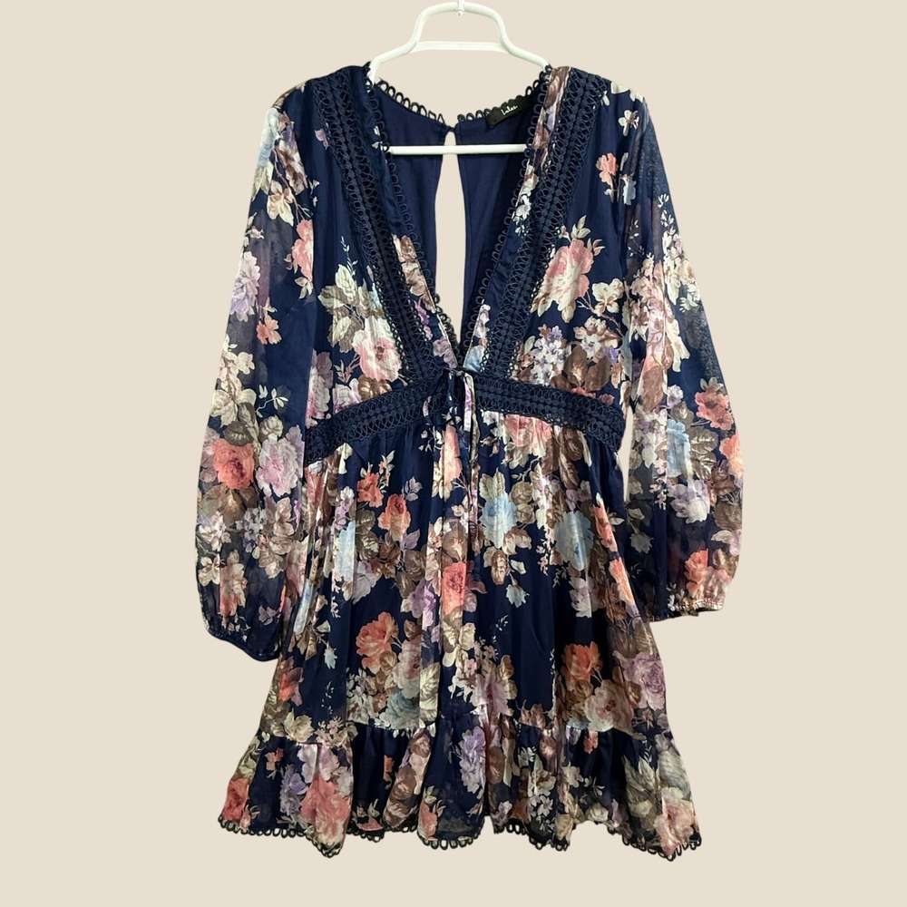 Lulus Navy Blue Floral Crochet Lace Trim Long Sleeve V-Neck Mini Dress Boho